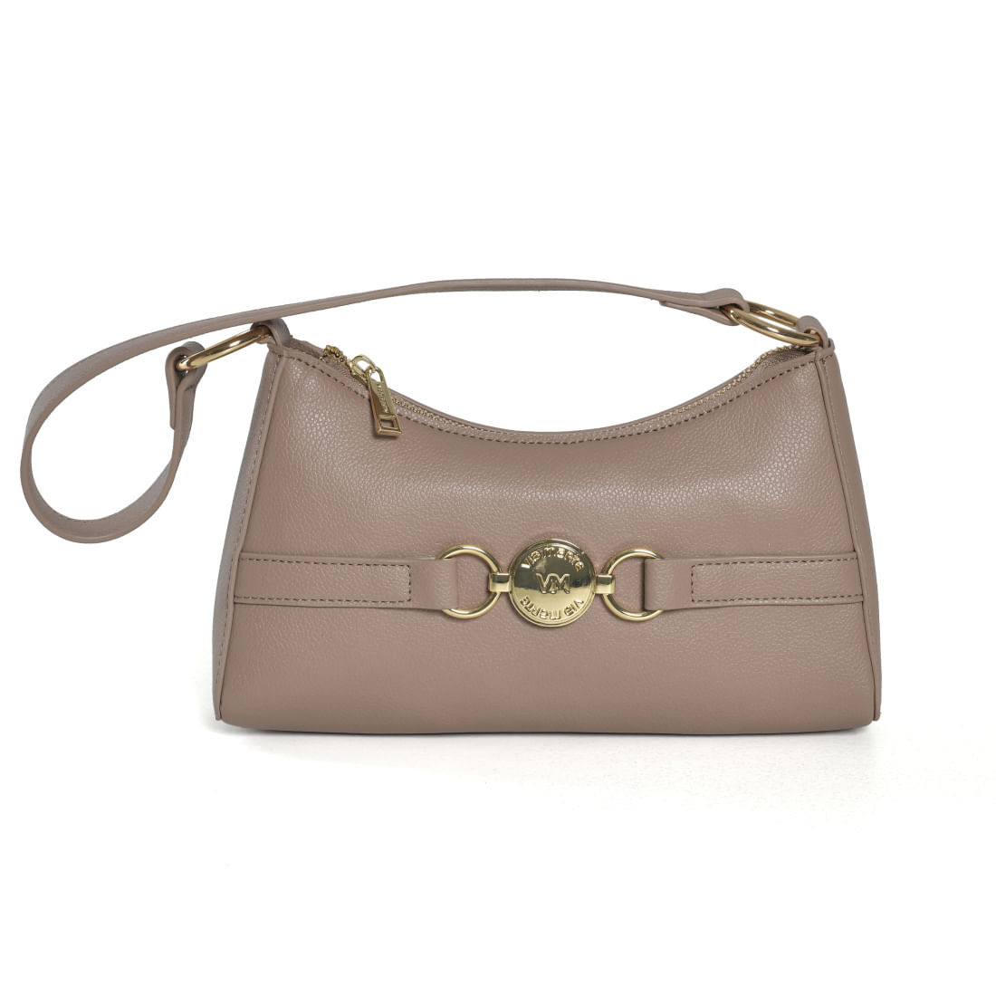 Bolsa Shoulder Bag Via Marte feminina bege vista frontal com detalhe em metal dourado